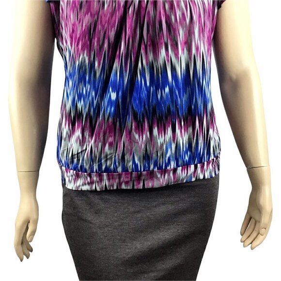 Worthington Top Size XL Pink Blue Multicolor Print Cap Sleeves Cowl Neck - Picture 3 of 7